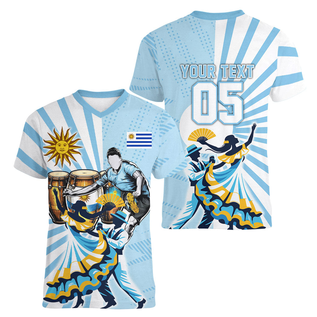 Personalized Uruguay Soccer Women V-Neck T-Shirt Cultural Dance Drums Sun Emblem Dynamic Flag
