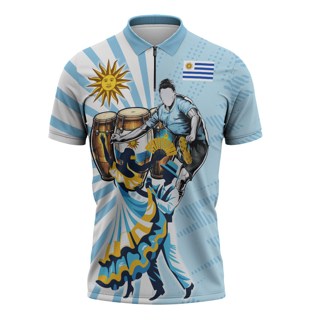 Personalized Uruguay Soccer Zipper Polo Shirt Cultural Dance Drums Sun Emblem Dynamic Flag