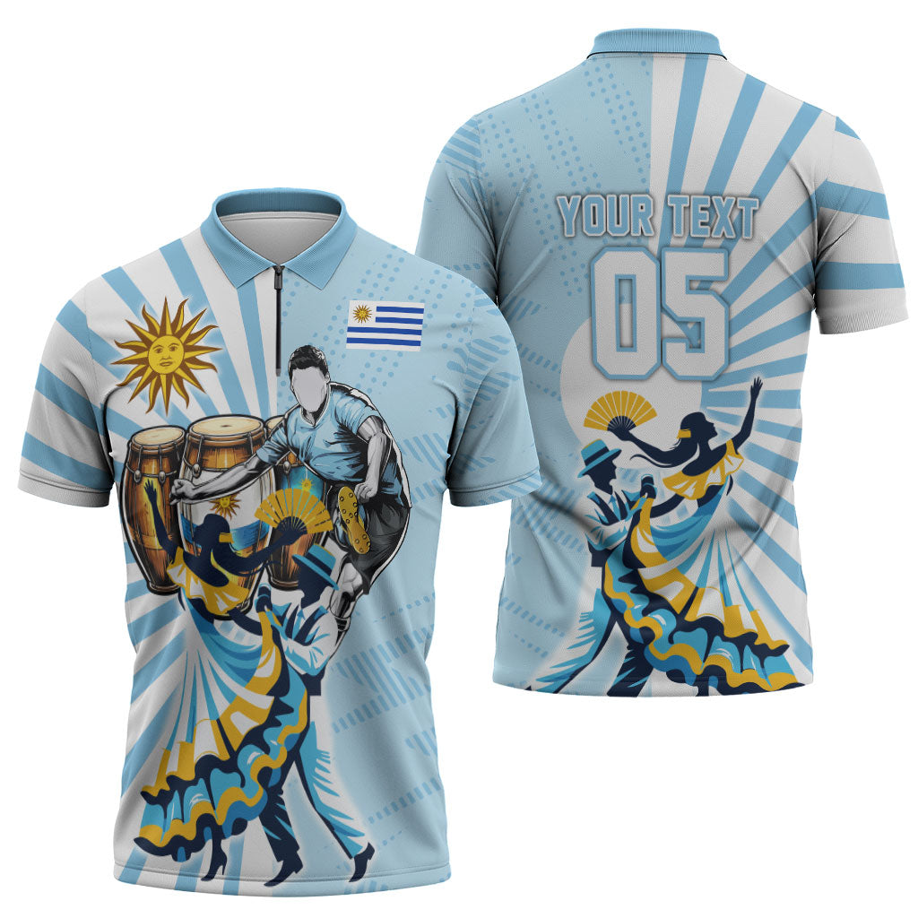 Personalized Uruguay Soccer Zipper Polo Shirt Cultural Dance Drums Sun Emblem Dynamic Flag