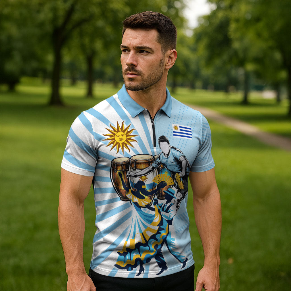 Personalized Uruguay Soccer Zipper Polo Shirt Cultural Dance Drums Sun Emblem Dynamic Flag