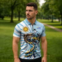 Personalized Uruguay Soccer Zipper Polo Shirt Cultural Dance Drums Sun Emblem Dynamic Flag