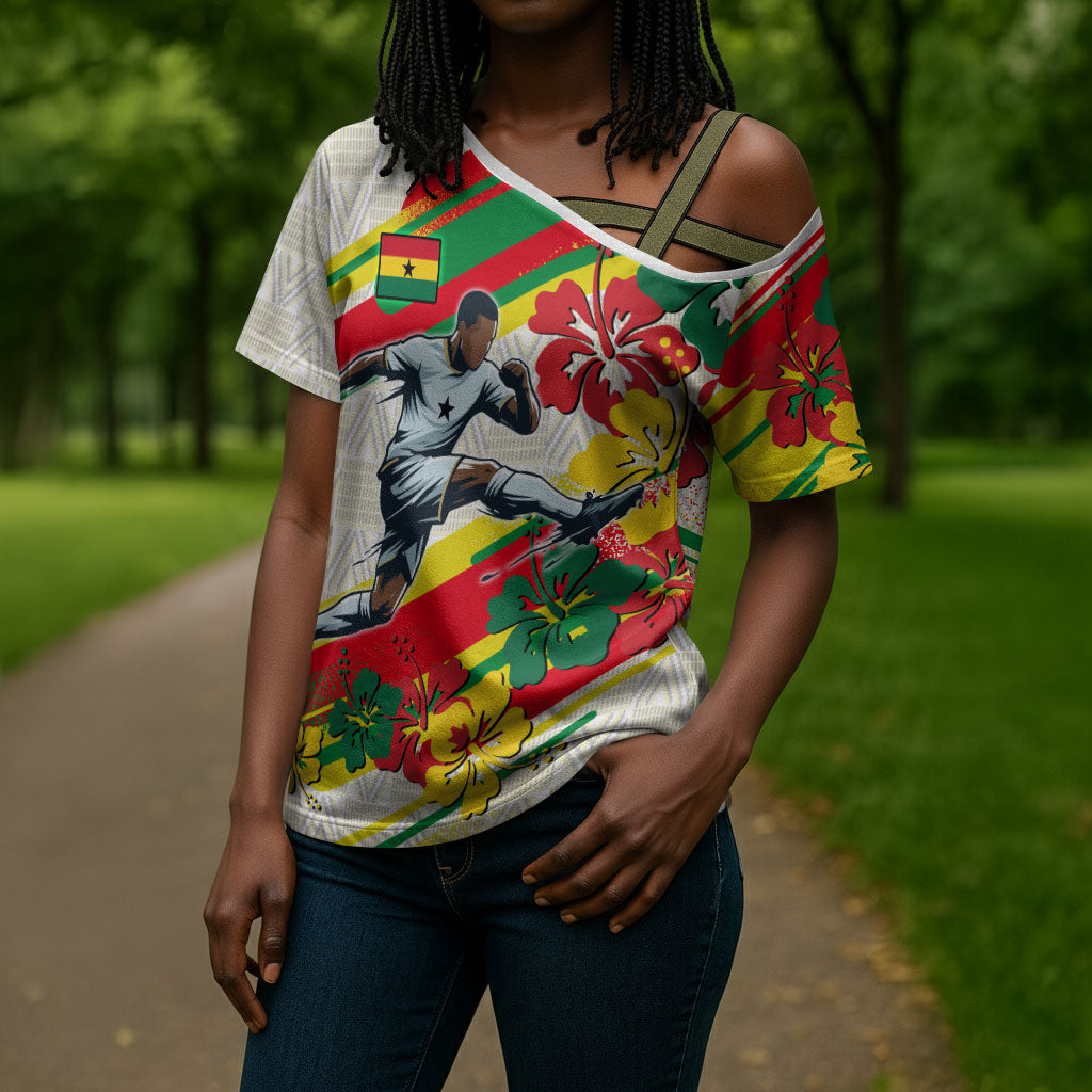 Personalized Ghana Football Cross Shoulder Shirt Soccer Player Kick - Floral Hibiscus