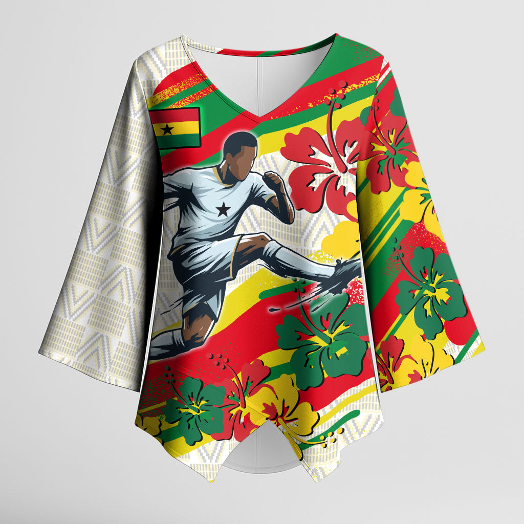 Personalized Ghana Football Kimono Sleeve Blouse Soccer Player Kick - Floral Hibiscus