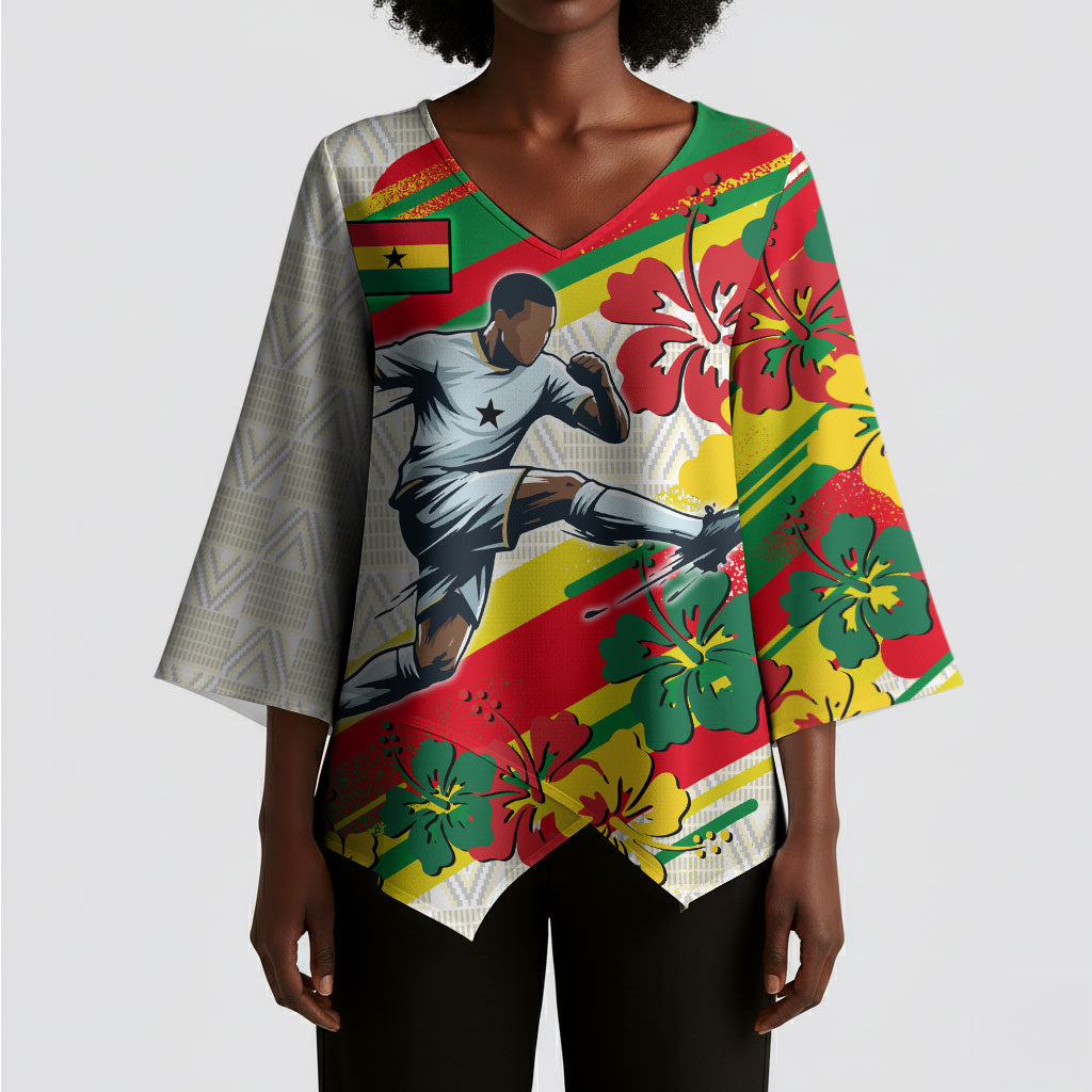 Personalized Ghana Football Kimono Sleeve Blouse Soccer Player Kick - Floral Hibiscus