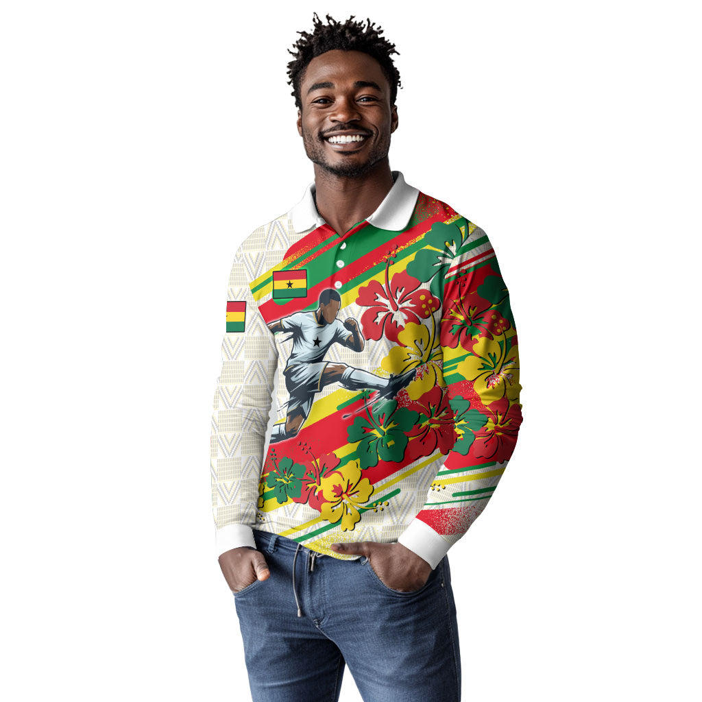 Personalized Ghana Football Long Sleeve Polo Shirt Soccer Player Kick - Floral Hibiscus