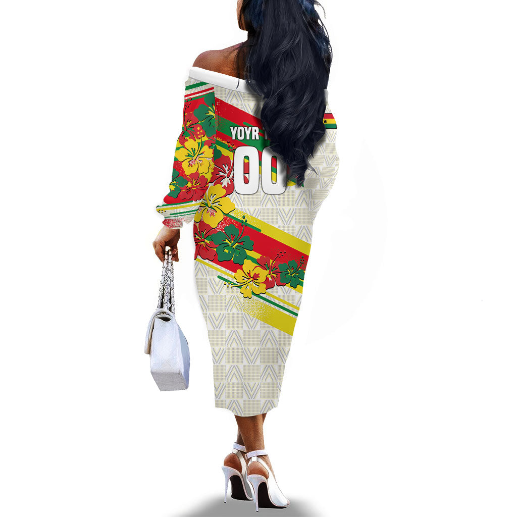 Personalized Ghana Football Off The Shoulder Long Sleeve Dress Soccer Player Kick - Floral Hibiscus