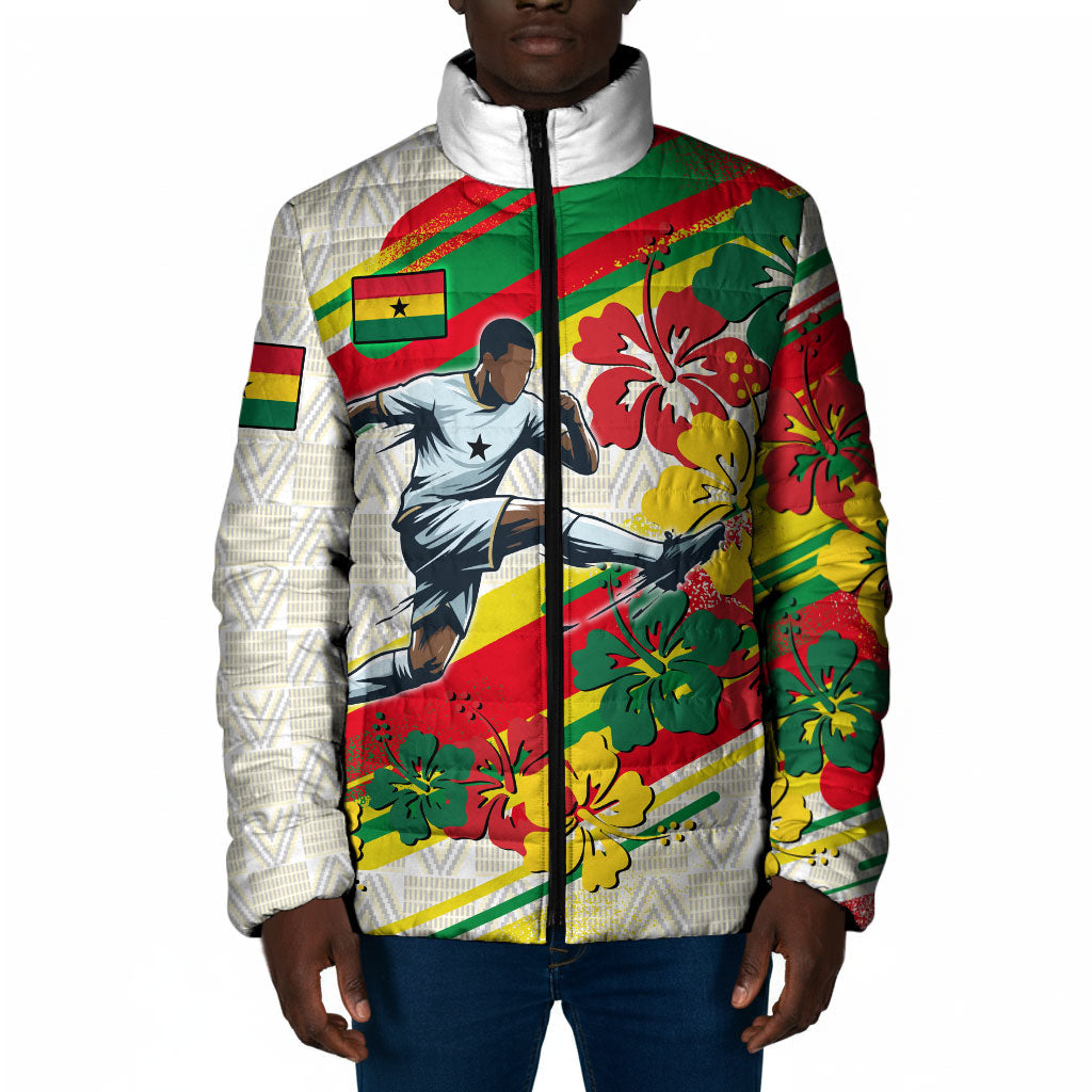 Personalized Ghana Football Padded Jacket Soccer Player Kick - Floral Hibiscus