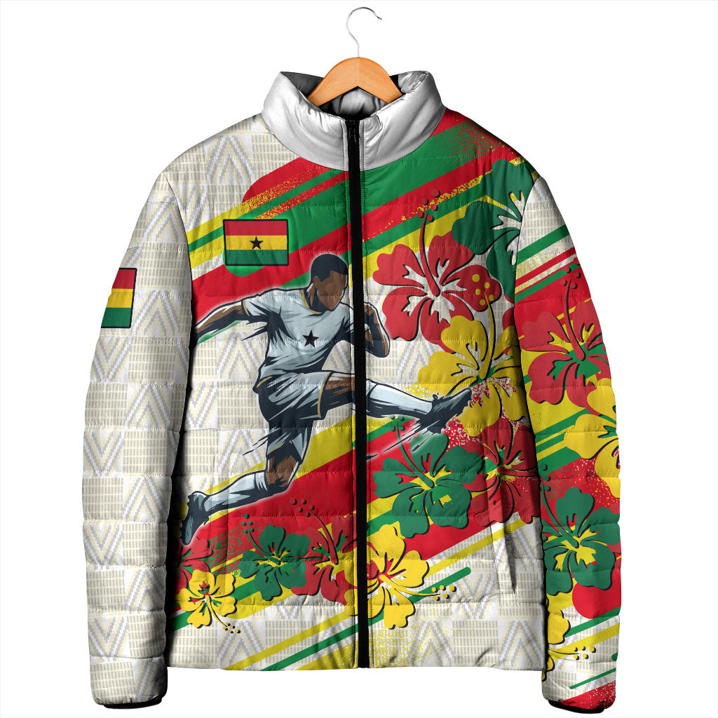 Personalized Ghana Football Padded Jacket Soccer Player Kick - Floral Hibiscus