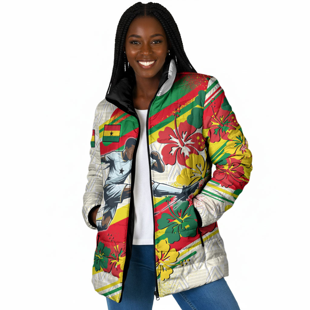 Personalized Ghana Football Padded Jacket Soccer Player Kick - Floral Hibiscus