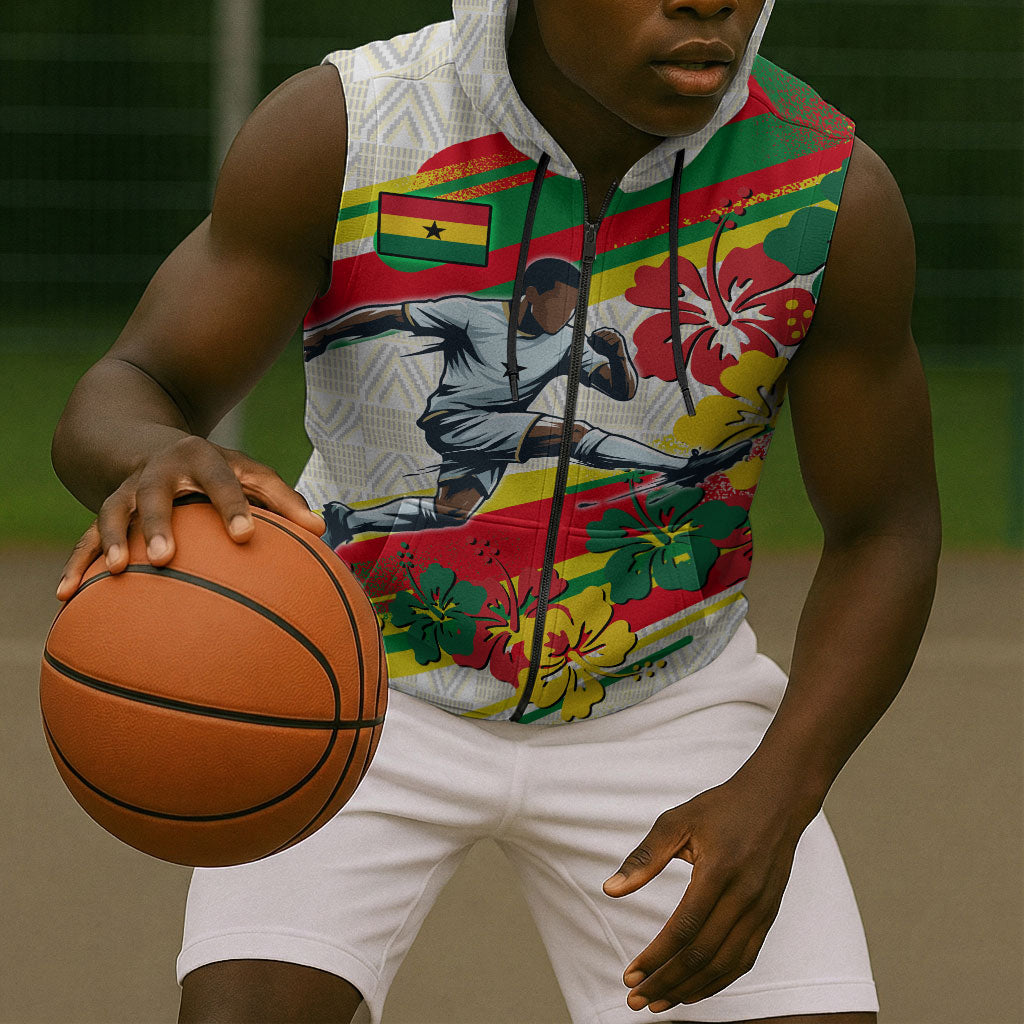 Personalized Ghana Football Sleeveless Zip Hoodie Soccer Player Kick - Floral Hibiscus