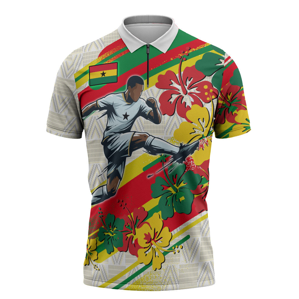 Personalized Ghana Football Zipper Polo Shirt Soccer Player Kick - Floral Hibiscus