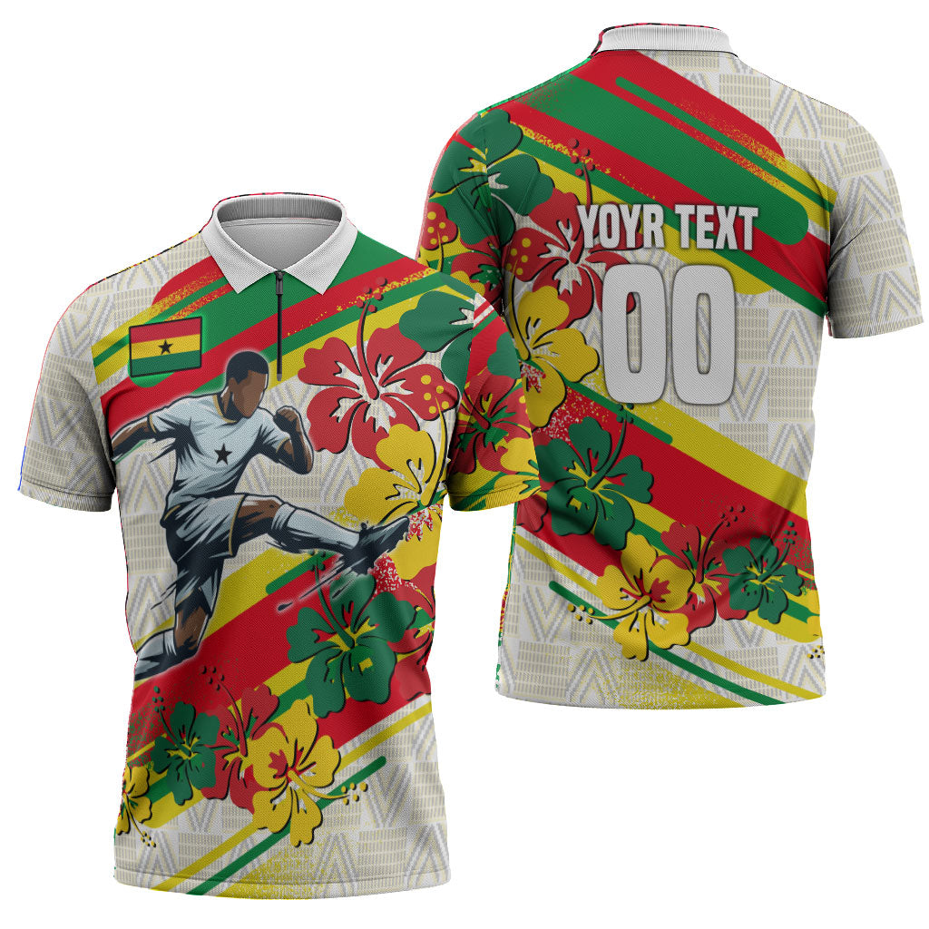 Personalized Ghana Football Zipper Polo Shirt Soccer Player Kick - Floral Hibiscus