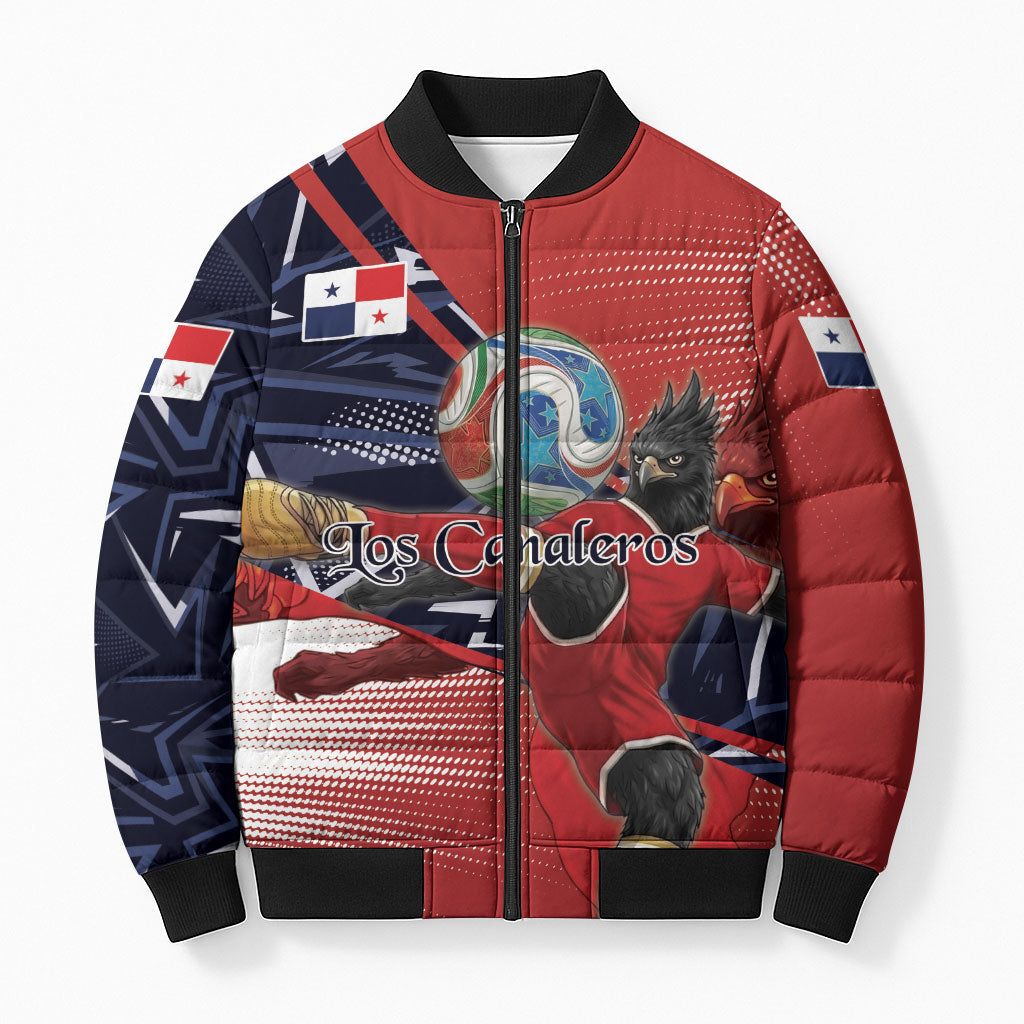 Personalized Panama Football Bomber Puffer Jacket Los Canaleros Harpy Eagle Mascot - National Flag Colors