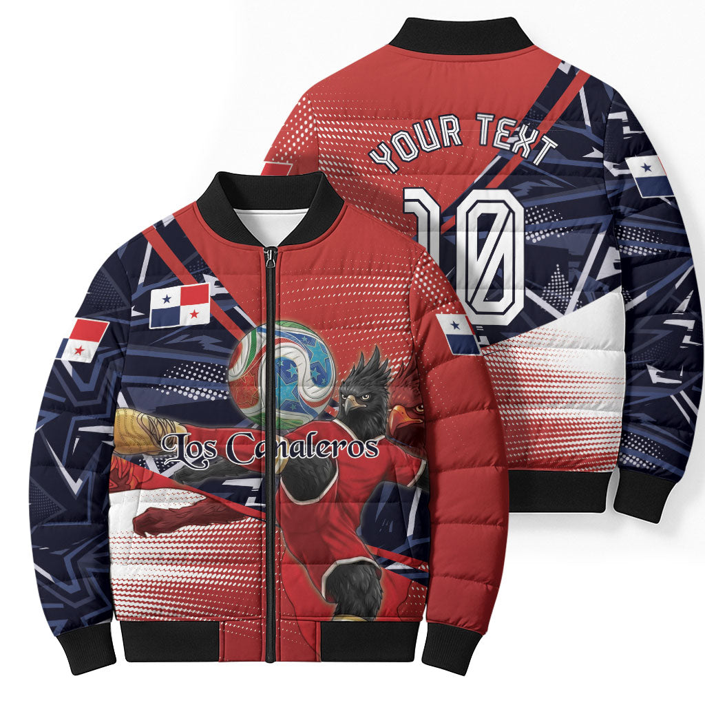 Personalized Panama Football Bomber Puffer Jacket Los Canaleros Harpy Eagle Mascot - National Flag Colors
