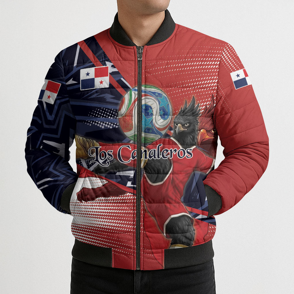 Personalized Panama Football Bomber Puffer Jacket Los Canaleros Harpy Eagle Mascot - National Flag Colors