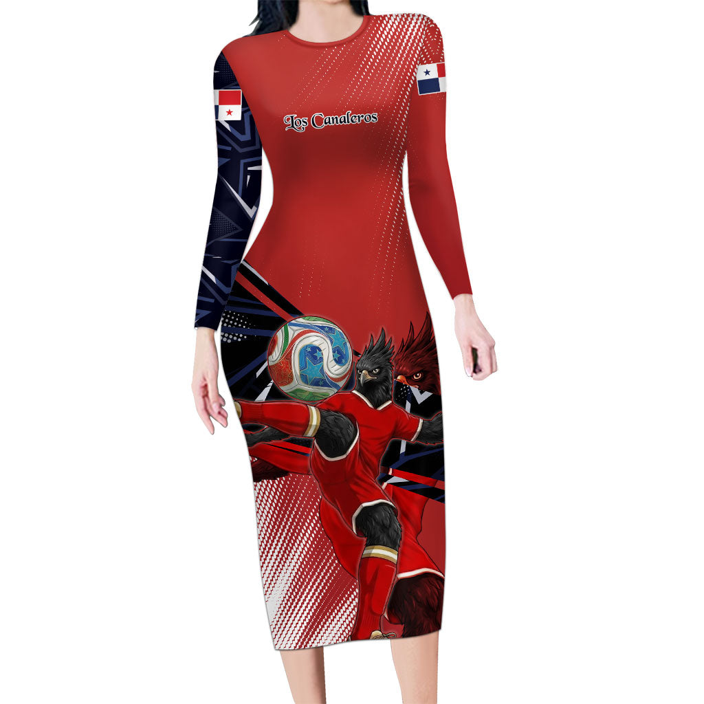 Personalized Panama Football Long Sleeve Bodycon Dress Los Canaleros Harpy Eagle Mascot - National Flag Colors