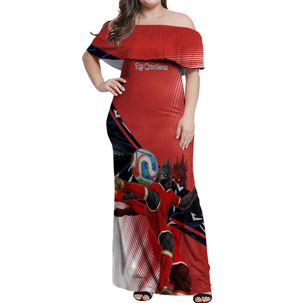 Personalized Panama Football Off Shoulder Maxi Dress Los Canaleros Harpy Eagle Mascot - National Flag Colors