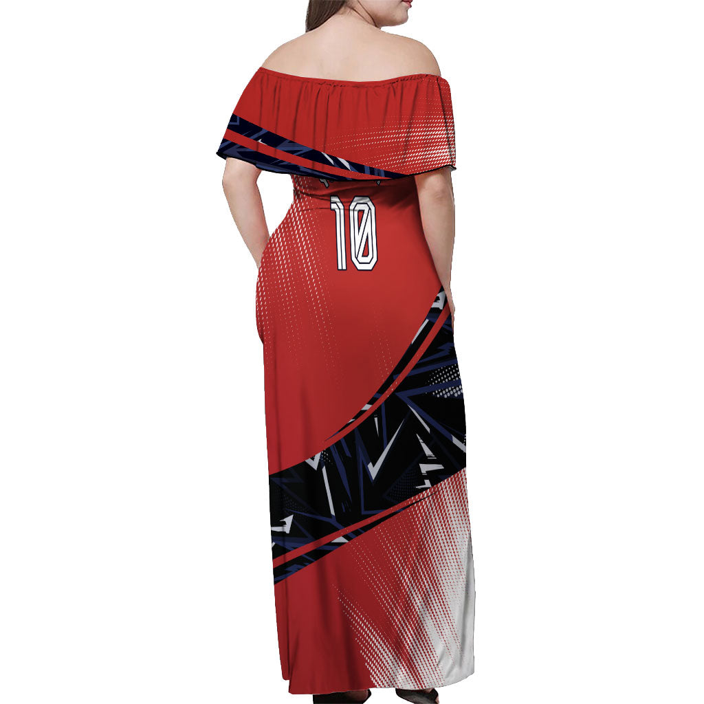 Personalized Panama Football Off Shoulder Maxi Dress Los Canaleros Harpy Eagle Mascot - National Flag Colors
