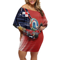 Personalized Panama Football Off Shoulder Short Dress Los Canaleros Harpy Eagle Mascot - National Flag Colors