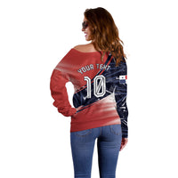 Personalized Panama Football Off Shoulder Sweater Los Canaleros Harpy Eagle Mascot - National Flag Colors