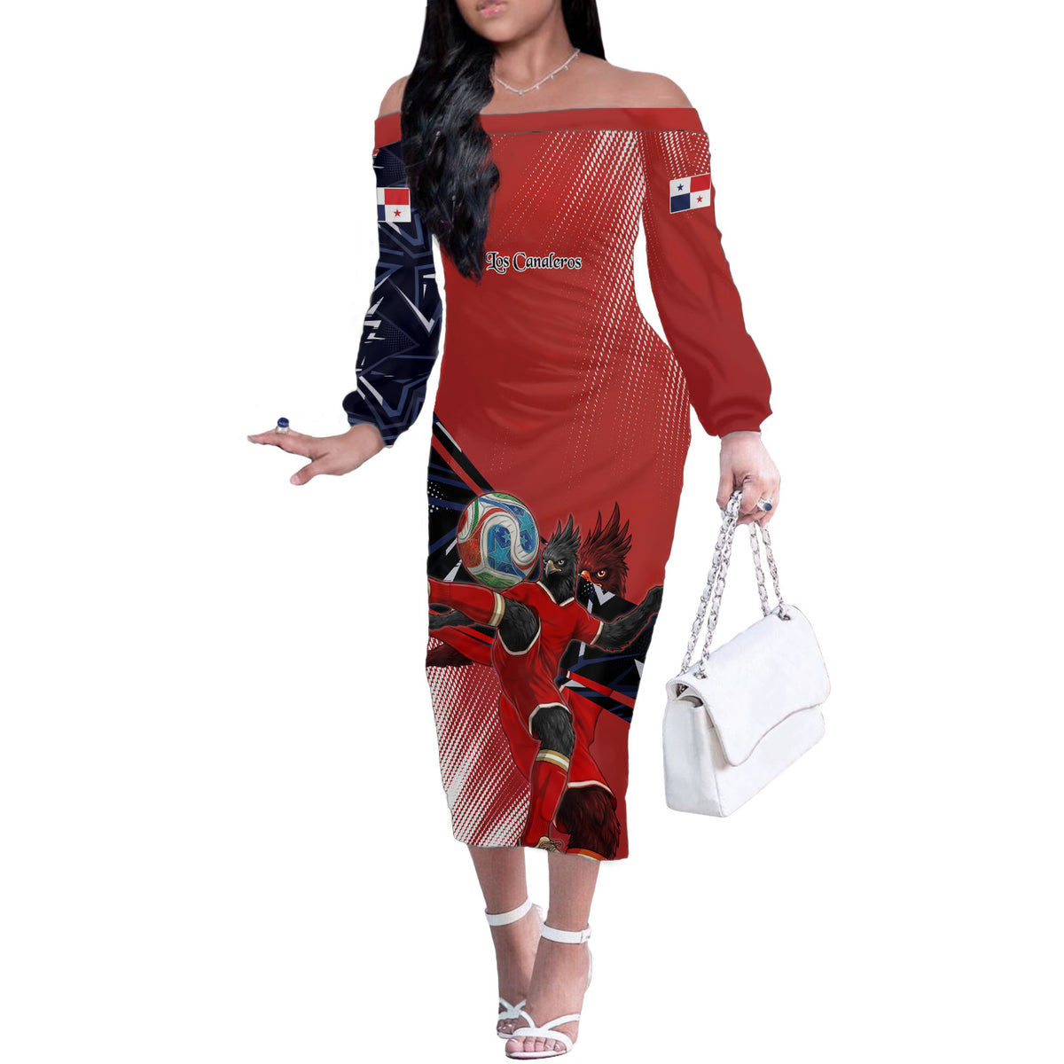 Personalized Panama Football Off The Shoulder Long Sleeve Dress Los Canaleros Harpy Eagle Mascot - National Flag Colors