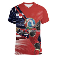 Personalized Panama Football Women V-Neck T-Shirt Los Canaleros Harpy Eagle Mascot - National Flag Colors
