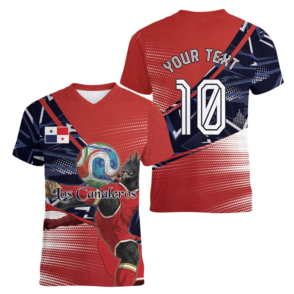 Personalized Panama Football Women V-Neck T-Shirt Los Canaleros Harpy Eagle Mascot - National Flag Colors