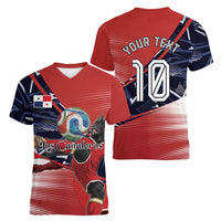 Personalized Panama Football Women V-Neck T-Shirt Los Canaleros Harpy Eagle Mascot - National Flag Colors