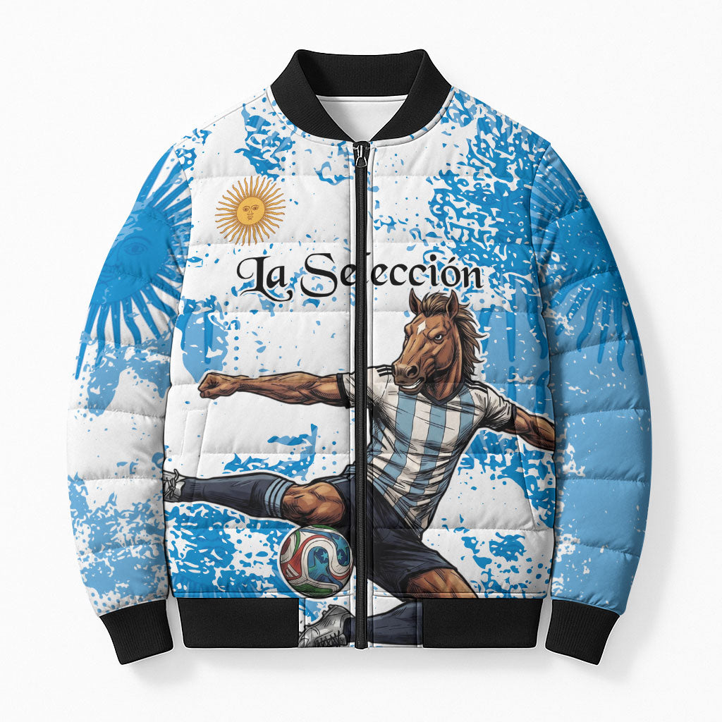 Personalized La Seleccion Argentina Soccer Bomber Puffer Jacket Football Sun Of May Athletic Horse Mascot - Distressed Grunge Art