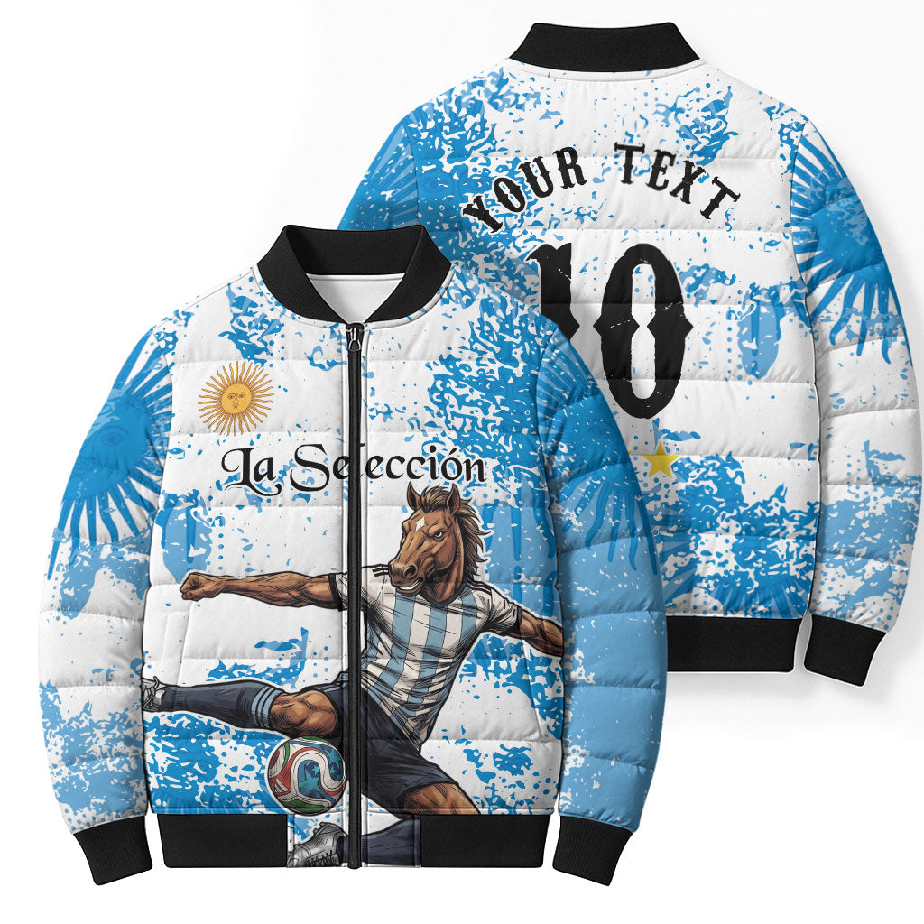Personalized La Seleccion Argentina Soccer Bomber Puffer Jacket Football Sun Of May Athletic Horse Mascot - Distressed Grunge Art