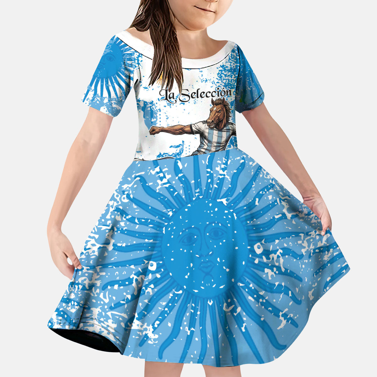 Personalized La Seleccion Argentina Soccer Kid Short Sleeve Dress Football Sun Of May Athletic Horse Mascot - Distressed Grunge Art