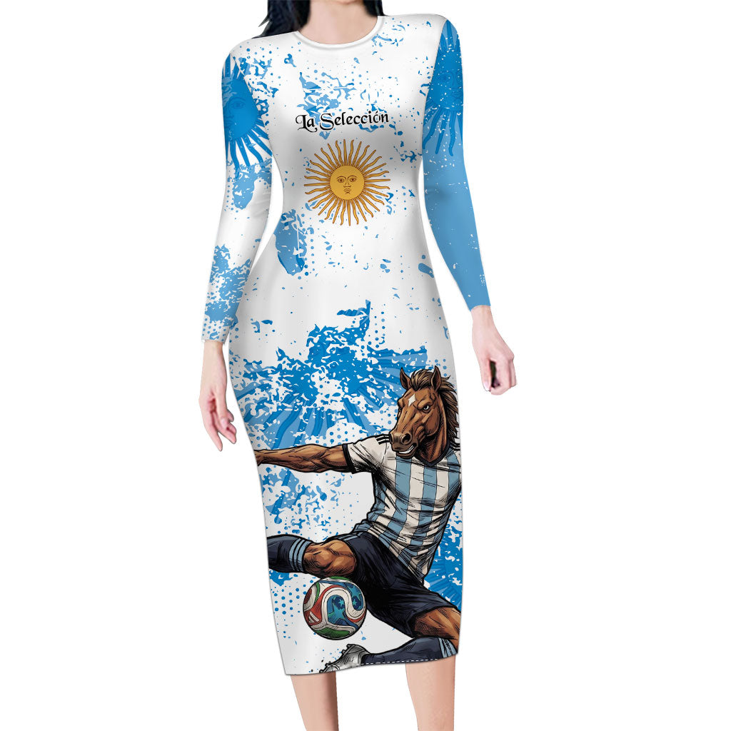 Personalized La Seleccion Argentina Soccer Long Sleeve Bodycon Dress Football Sun Of May Athletic Horse Mascot - Distressed Grunge Art