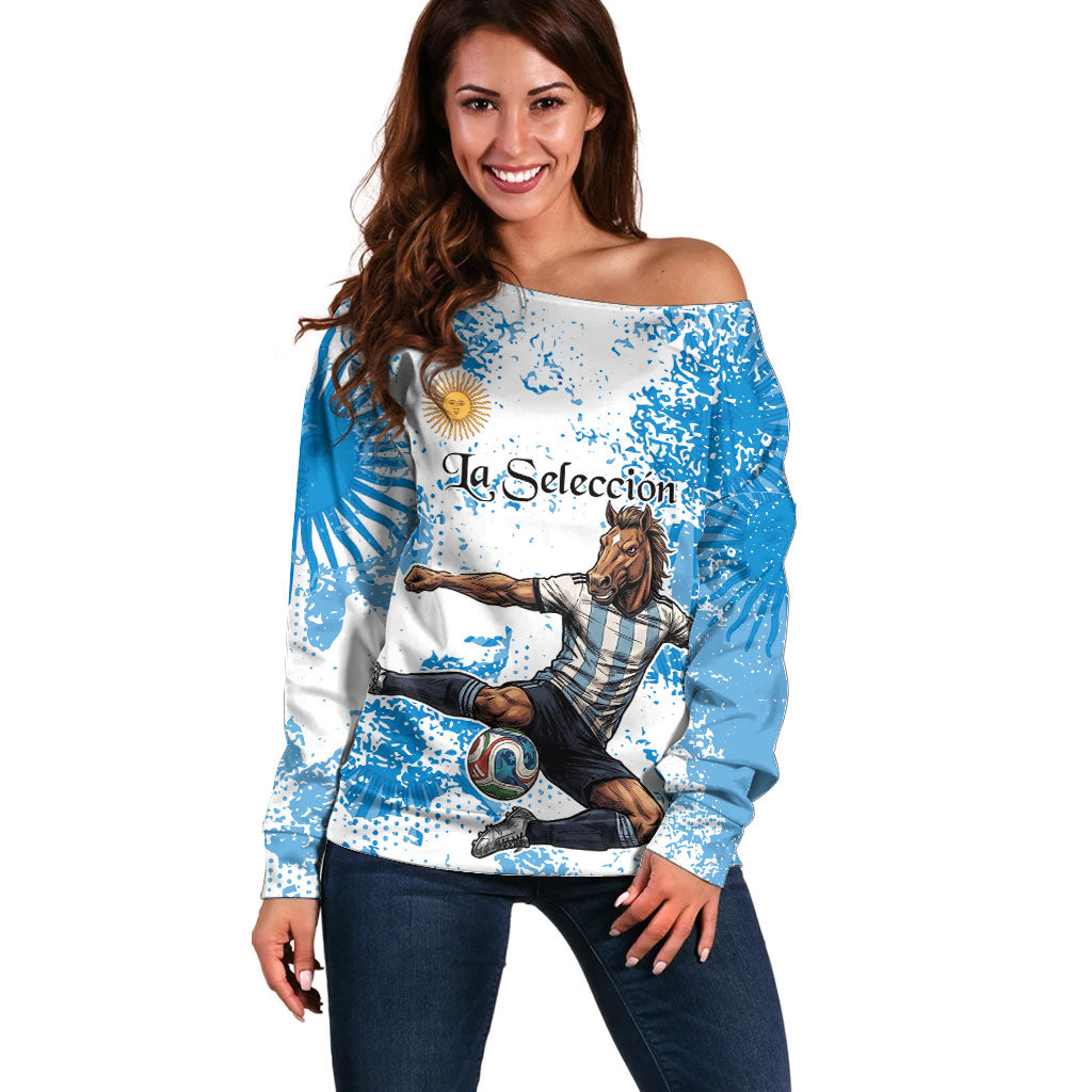 Personalized La Seleccion Argentina Soccer Off Shoulder Sweater Football Sun Of May Athletic Horse Mascot - Distressed Grunge Art
