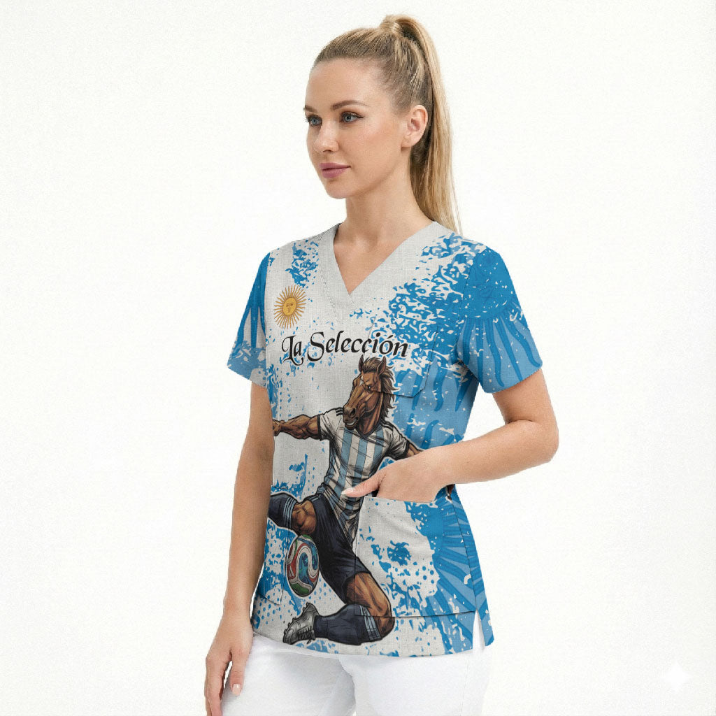 Personalized La Seleccion Argentina Soccer Scrub Top Football Sun Of May Athletic Horse Mascot - Distressed Grunge Art