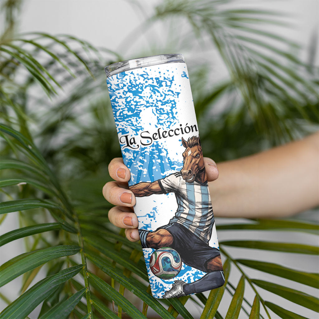 Personalized La Seleccion Argentina Soccer Skinny Tumbler Football Sun Of May Athletic Horse Mascot - Distressed Grunge Art