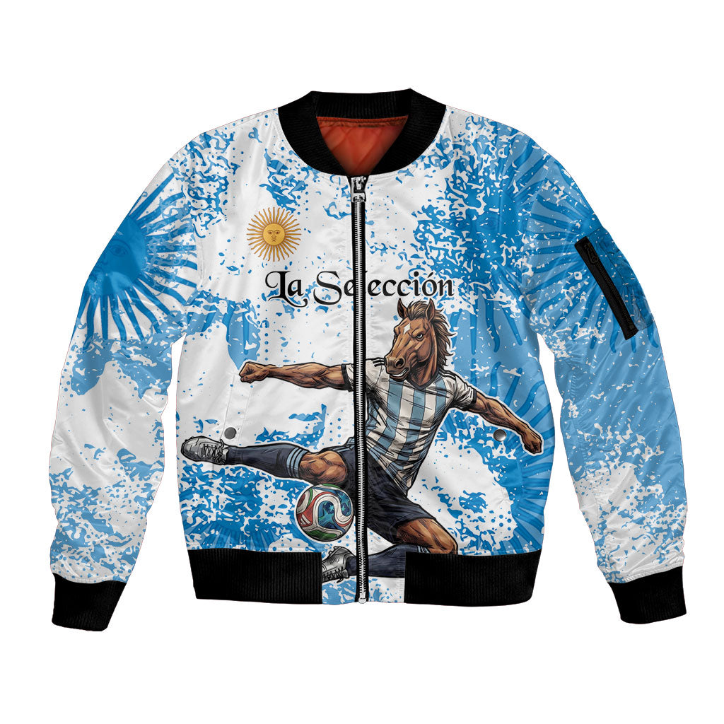 Personalized La Seleccion Argentina Soccer Sleeve Zip Bomber Jacket Football Sun Of May Athletic Horse Mascot - Distressed Grunge Art