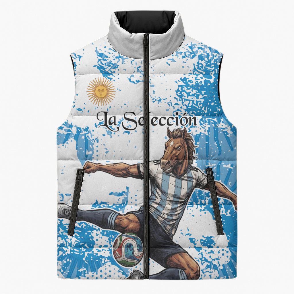 Personalized La Seleccion Argentina Soccer Sleeveless Puffer Jacket Football Sun Of May Athletic Horse Mascot - Distressed Grunge Art