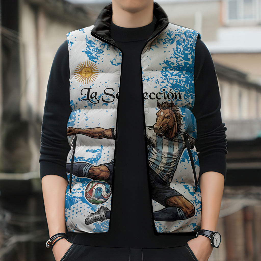 Personalized La Seleccion Argentina Soccer Sleeveless Puffer Jacket Football Sun Of May Athletic Horse Mascot - Distressed Grunge Art