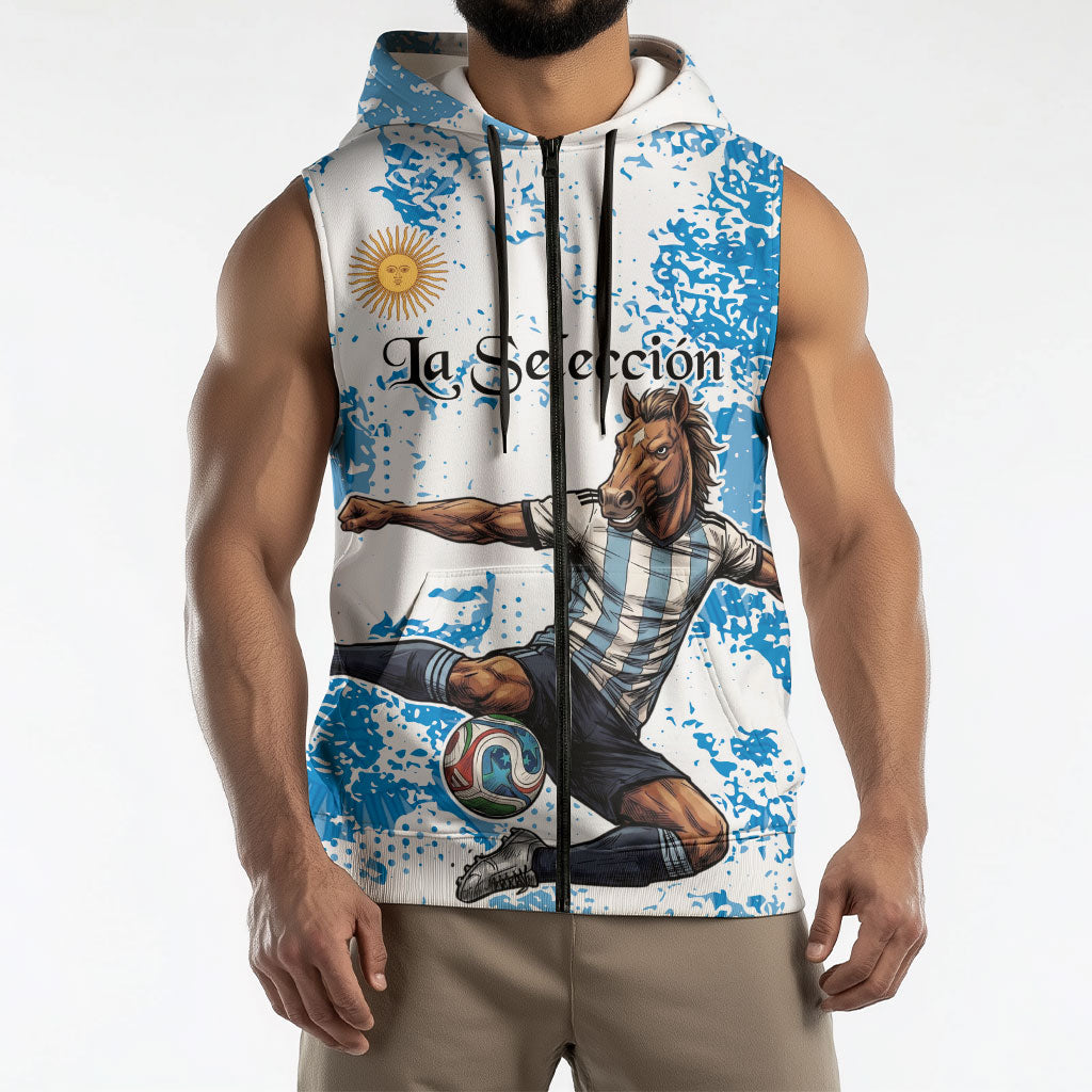 Personalized La Seleccion Argentina Soccer Sleeveless Zip Hoodie Football Sun Of May Athletic Horse Mascot - Distressed Grunge Art