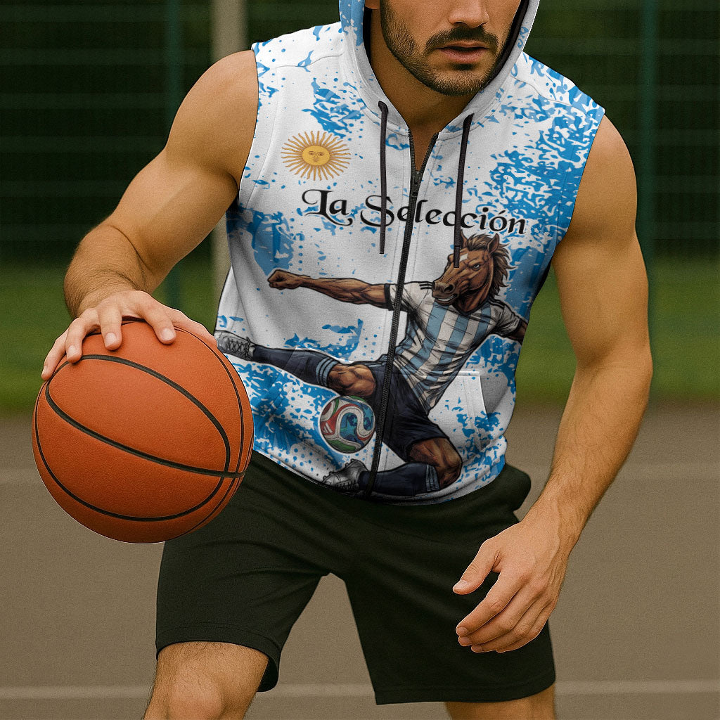 Personalized La Seleccion Argentina Soccer Sleeveless Zip Hoodie Football Sun Of May Athletic Horse Mascot - Distressed Grunge Art