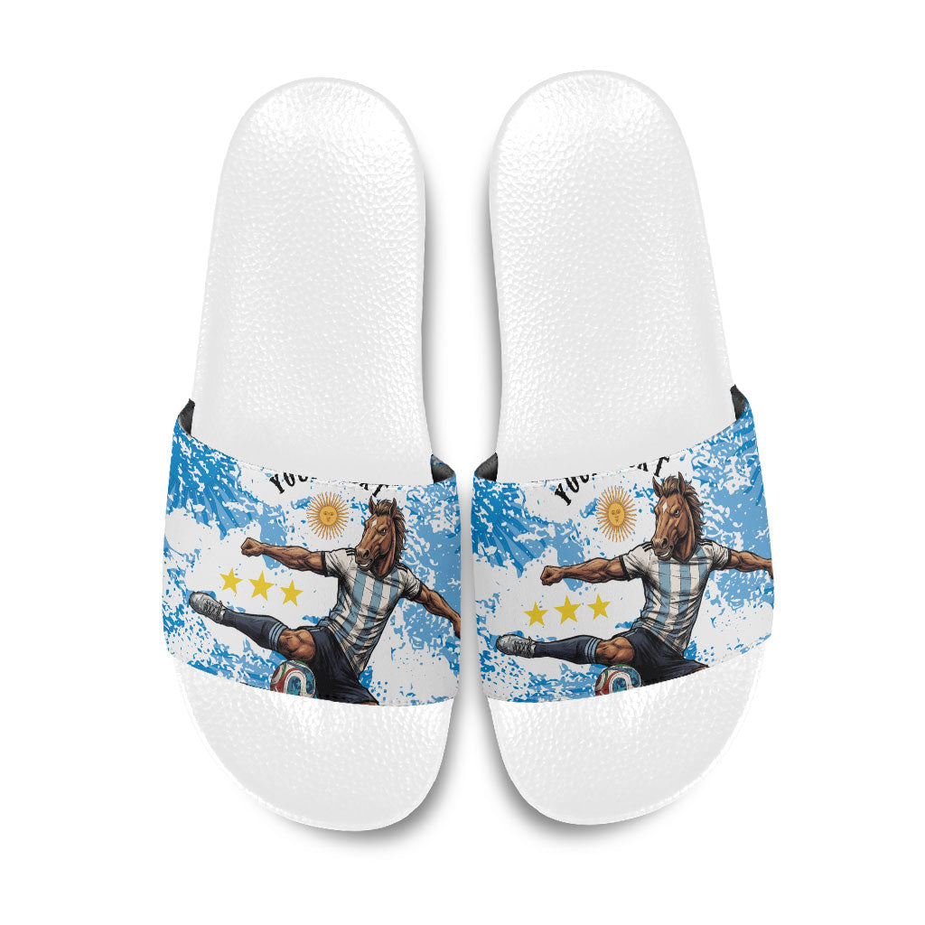 Personalized La Seleccion Argentina Soccer Slide Sandals Football Sun Of May Athletic Horse Mascot - Distressed Grunge Art