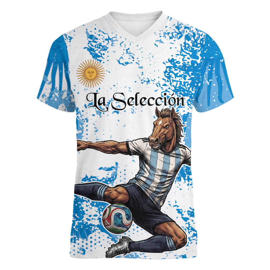 Personalized La Seleccion Argentina Soccer Women V-Neck T-Shirt Football Sun Of May Athletic Horse Mascot - Distressed Grunge Art