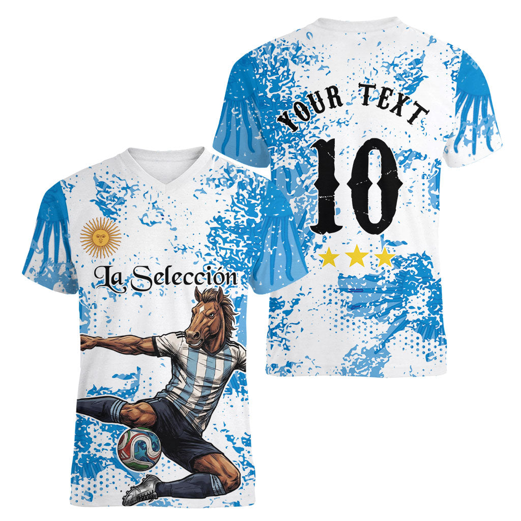 Personalized La Seleccion Argentina Soccer Women V-Neck T-Shirt Football Sun Of May Athletic Horse Mascot - Distressed Grunge Art
