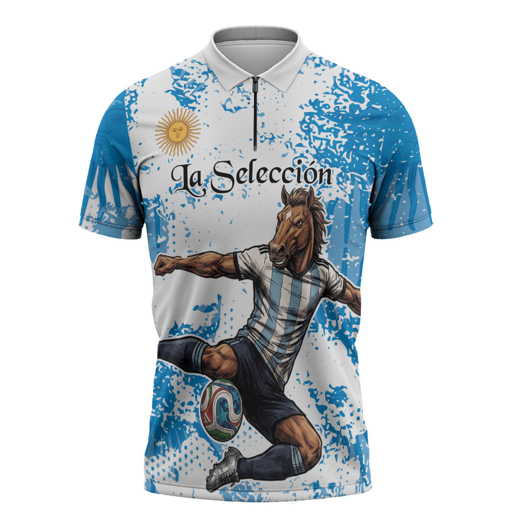 Personalized La Seleccion Argentina Soccer Zipper Polo Shirt Football Sun Of May Athletic Horse Mascot - Distressed Grunge Art