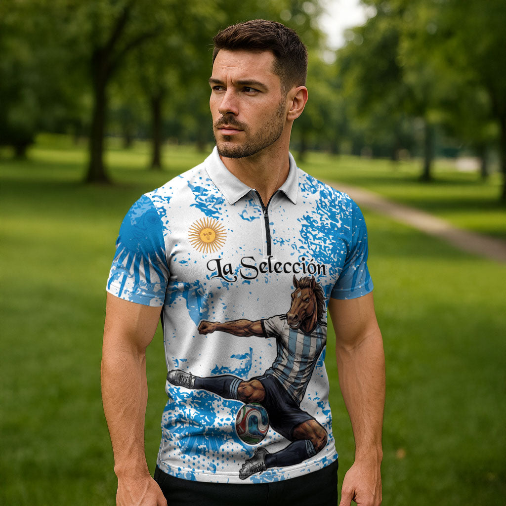 Personalized La Seleccion Argentina Soccer Zipper Polo Shirt Football Sun Of May Athletic Horse Mascot - Distressed Grunge Art