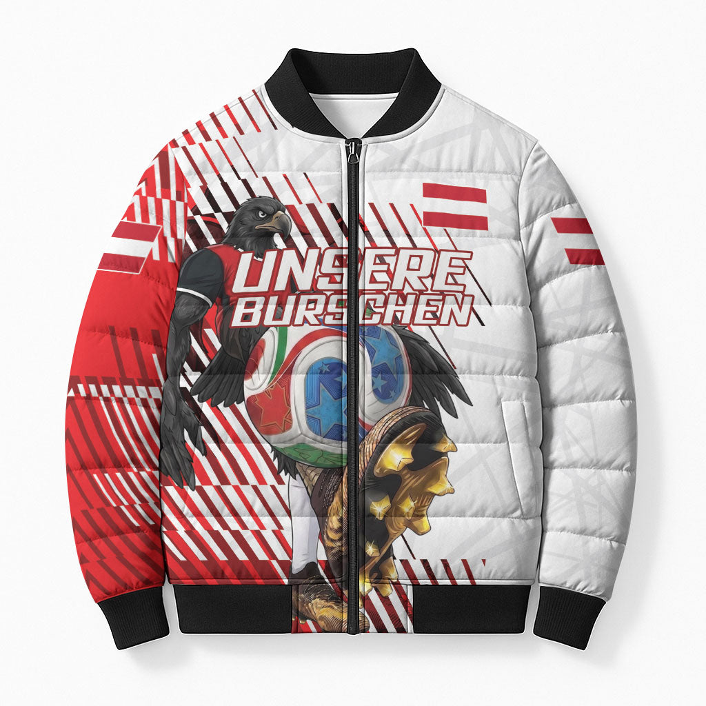 Personalized Austria Football Bomber Puffer Jacket Unsere Burschen Striped Graphic With Action Player