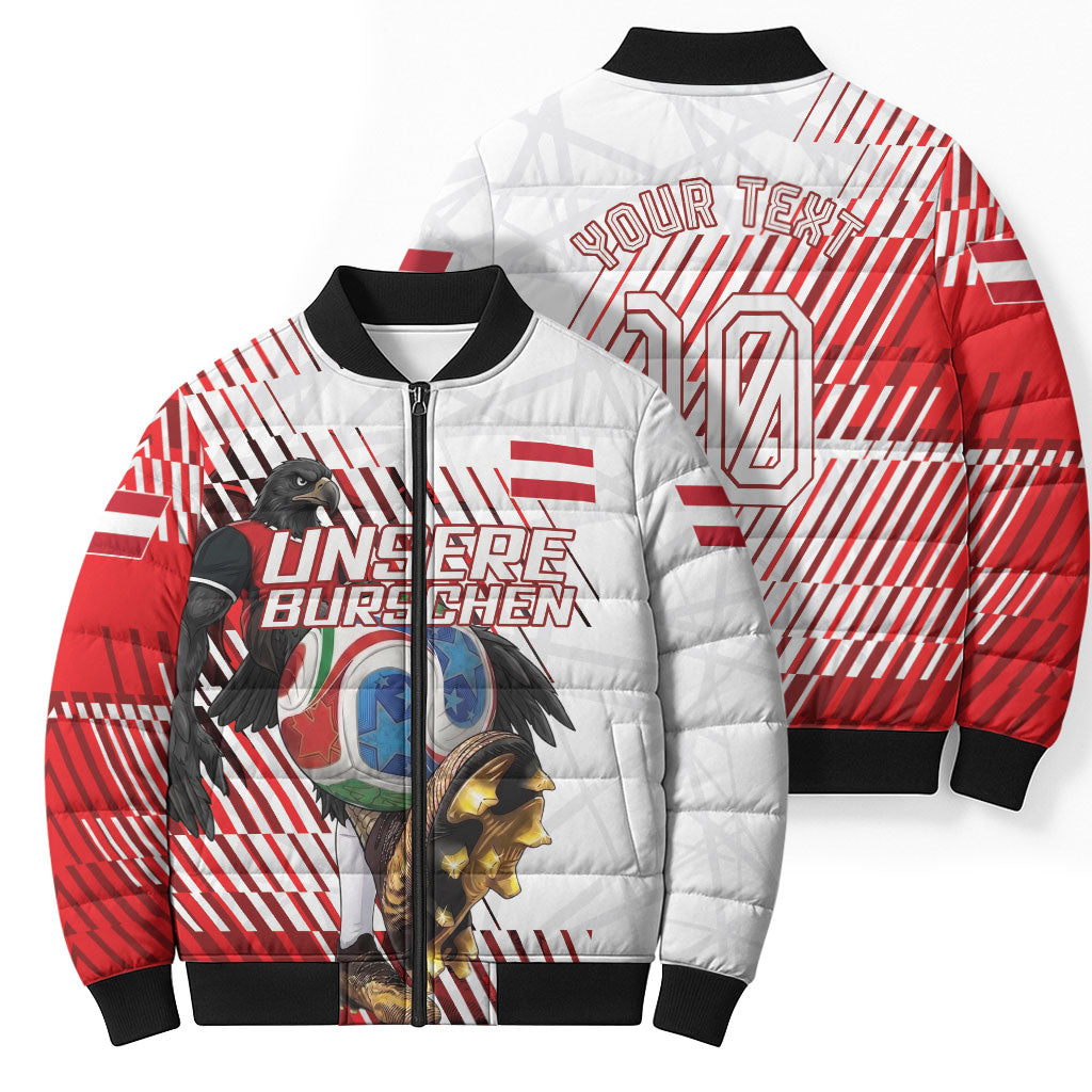 Personalized Austria Football Bomber Puffer Jacket Unsere Burschen Striped Graphic With Action Player