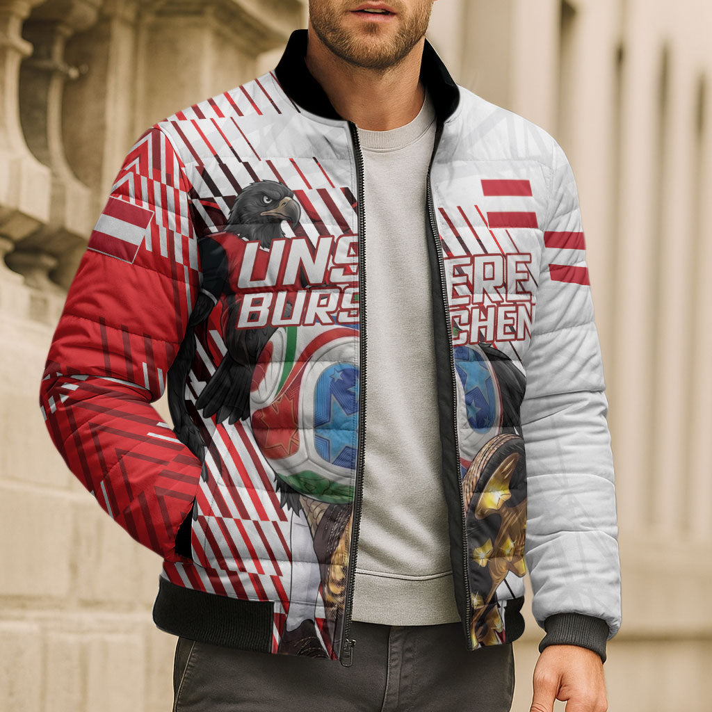 Personalized Austria Football Bomber Puffer Jacket Unsere Burschen Striped Graphic With Action Player