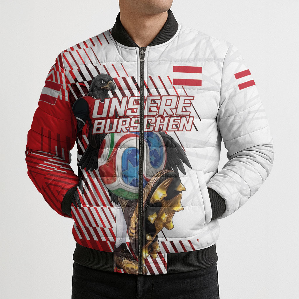 Personalized Austria Football Bomber Puffer Jacket Unsere Burschen Striped Graphic With Action Player