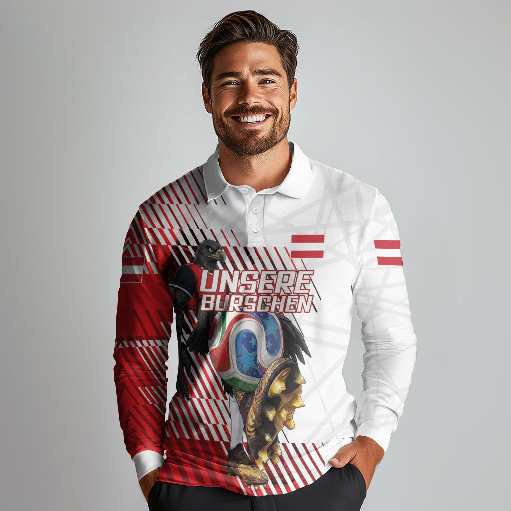 Personalized Austria Football Long Sleeve Polo Shirt Unsere Burschen Striped Graphic With Action Player